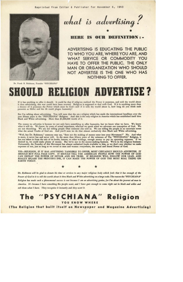 Flyer defines advertising and addresses the ethical question of whether religions should advertise or not.