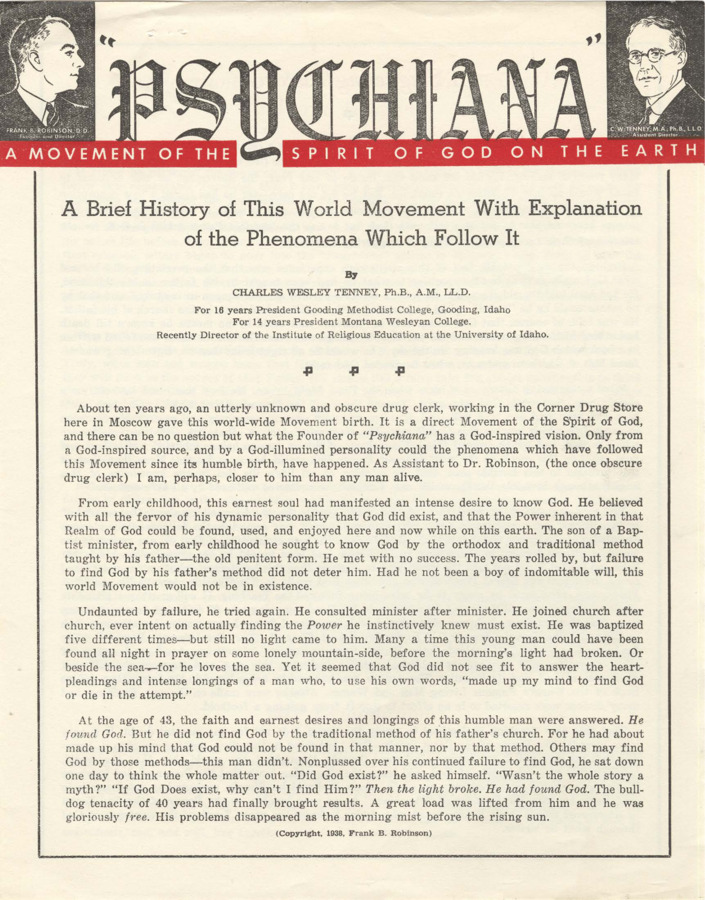 Document divided into three sections, including an explanation of the origin of Psychiana as a revelation or vision to Robinson, the movement and teachings that resulted from this vision, and an explanation of how Psychiana runs as an operation including expenses for materials, mailing, and paying staff.