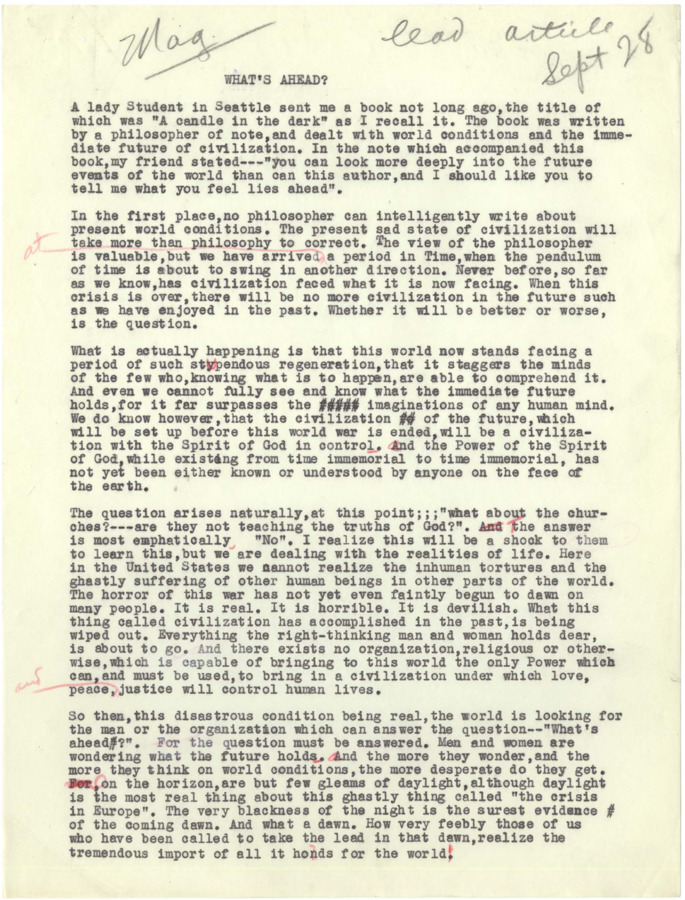 Typescript of an article prompted by a book entitled A Candle in the Dark by a philosopher. Robinson claims that 'no philosopher can intelligently write about present world conditions' because the world needs more than philosophy. He also discusses the ineffectiveness of the Church to make a change.