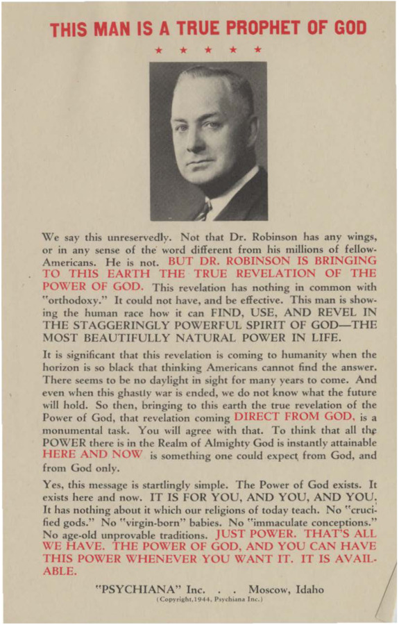 Card includes portrait of Robinson and labels him a prophet bringing a Power direct from God.