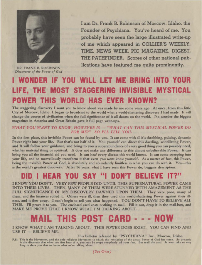 Flyer discusses Robinson's notoriety and aggressively affirms that Psychiana can bring power to the lives of those who wish to know more about Robinson's discovery of the God-Power.