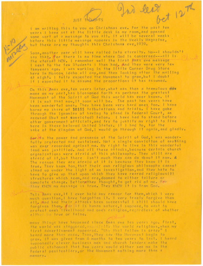 Typescript of an article. Though dated 10-29-1939, Robinson states he is writing on Christmas Eve of the same year. Robinson reflects on the growth, challenges, and experiences he has had with Psychiana over the past decade. He also reflects briefly on current events.