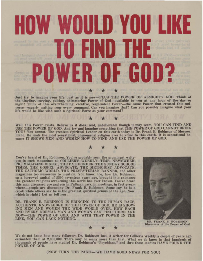 Flyer asks reader to imagine their life with the Power of God and lists statistics of Psychiana followers and mentions publications where Robinson has appeared.