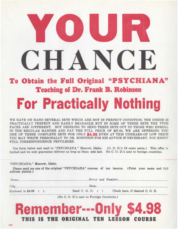 Small card advertises Psychiana original 10 lesson course for only 4.98 and includes order form.