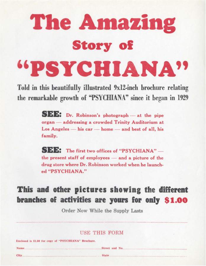 Small card advertising a brochure about Psychiana for only $1.00. Includes detachable order form.