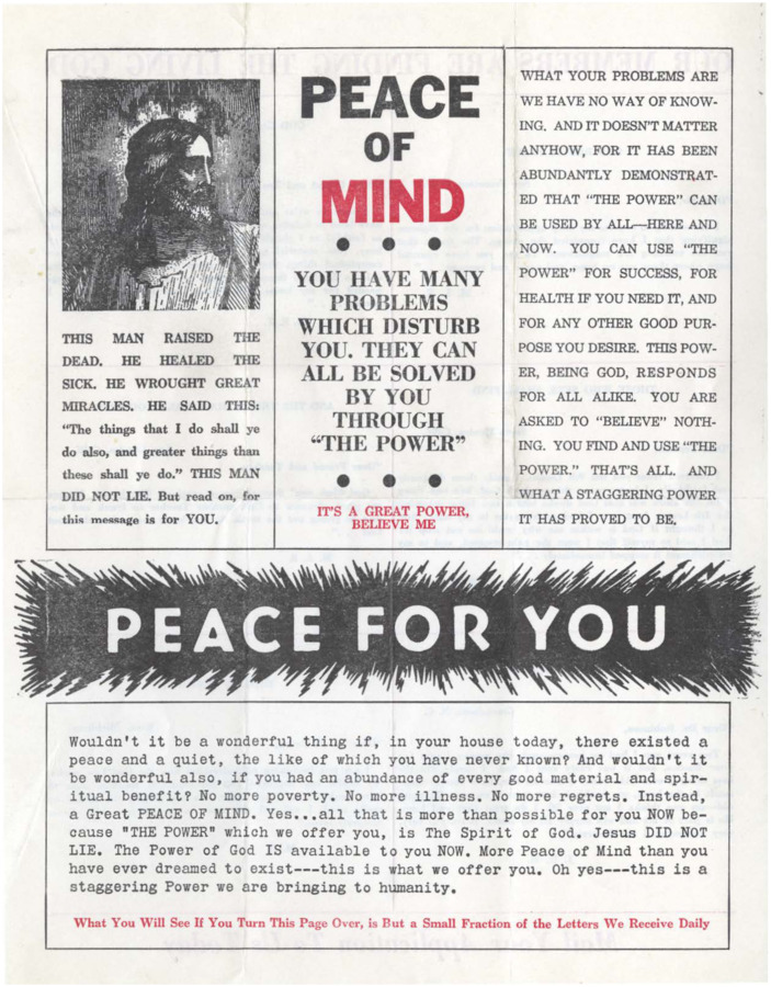 Flyer includes an illustration of Jesus Christ and quotes the Bible. Discusses solving people's problems with God-Power and includes testimonials on the reverse page.