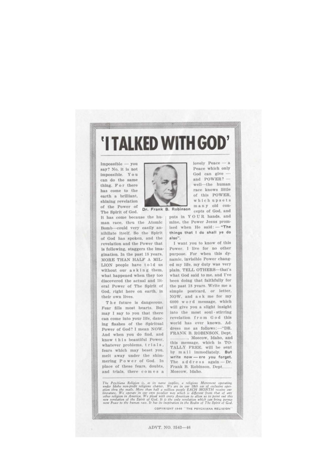 Clipping of an article in which Robinson discusses how he talks directly God and how God comes to us. Numbered advertisement 3543-46.