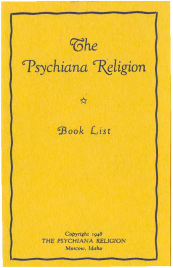 Yellow pamphlet listing the various books printed by Psychiana available for purchase.  Includes all of Robinson's books and two by other writers.