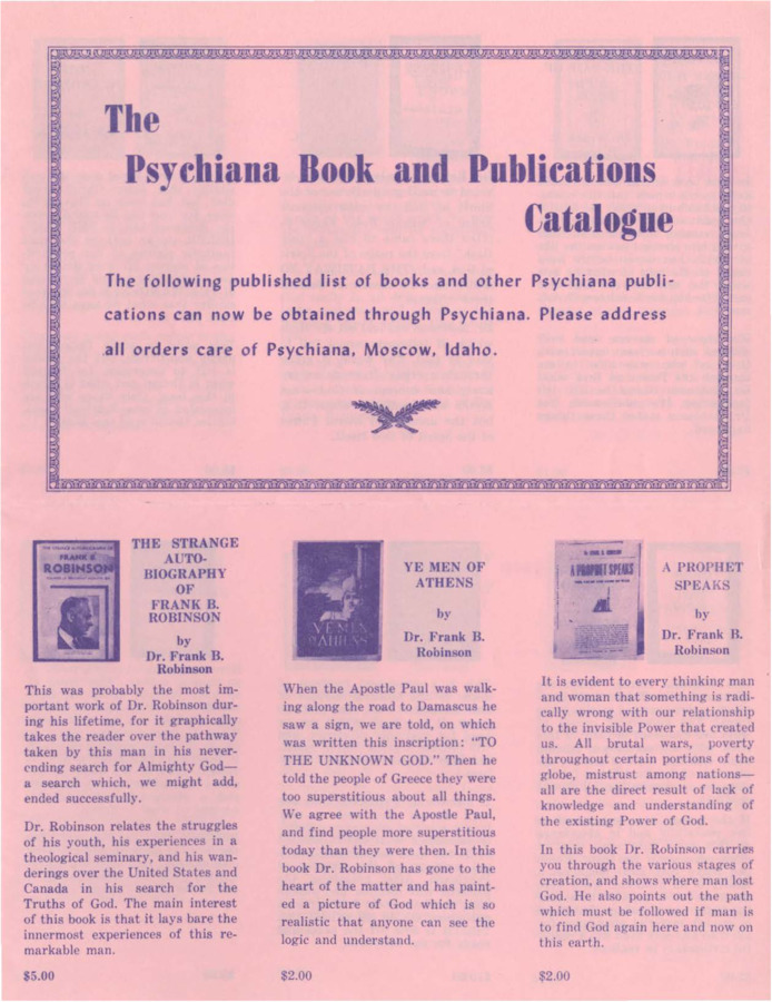 Catalogue of books available for publication by Psychiana.  Includes all of Robinson's books and books by other authors.