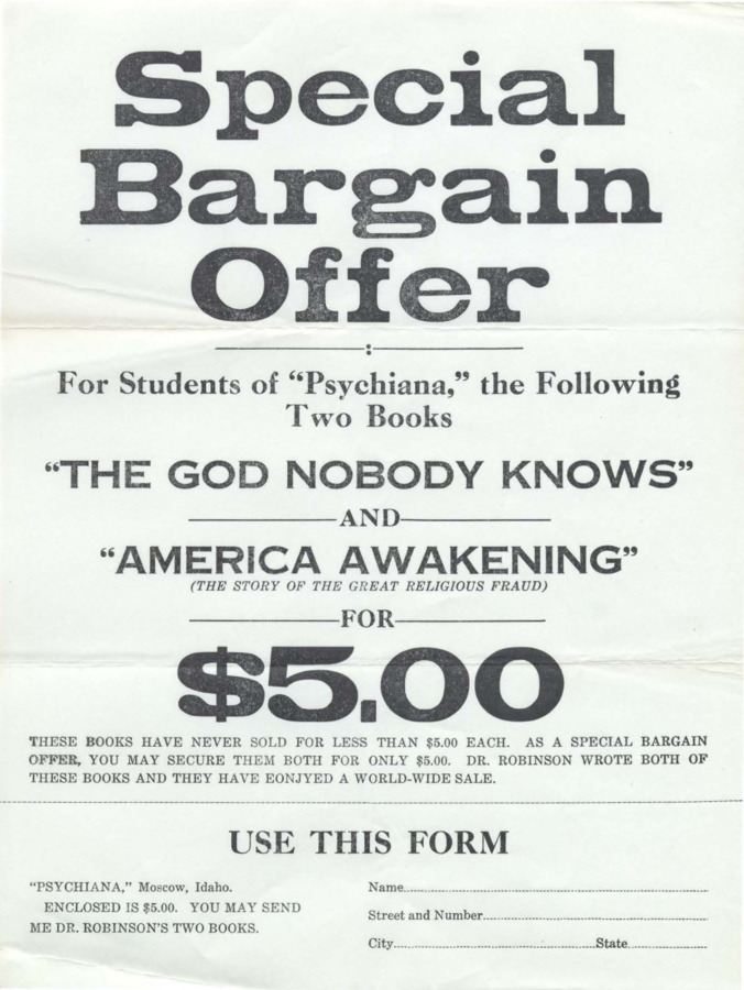 Single-page flyer with information regarding a special price on two of Robinson's books.
