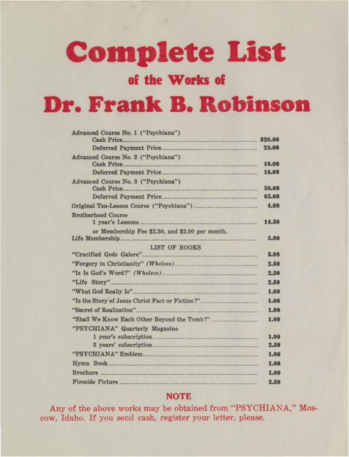 Flyer with a list of the names of Robinson's books with corresponding costs.