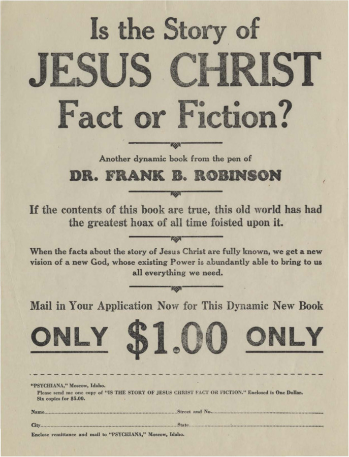 Advertisement for Robinson's book 'Is the Story of Jesus Christ Fact or Fiction?' Includes order form.