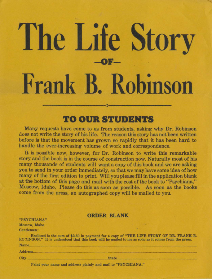 Advertisement for Robinson's book 'The Life Story of Frank B. Robinson.'  Includes order form.