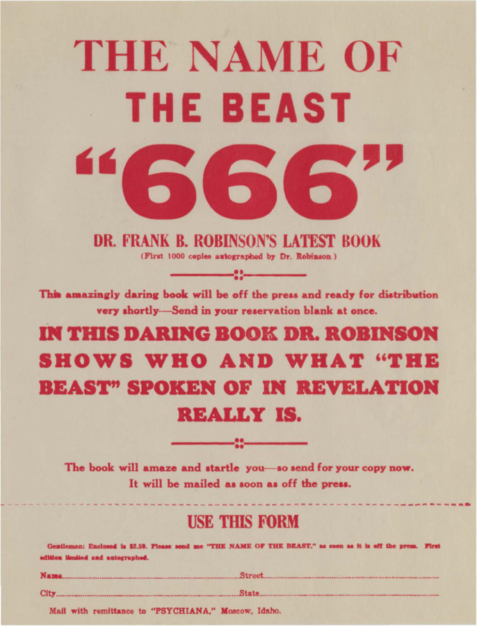 Advertisement for Robinson's book 'The Name of the Beast '666.''  Includes order form.