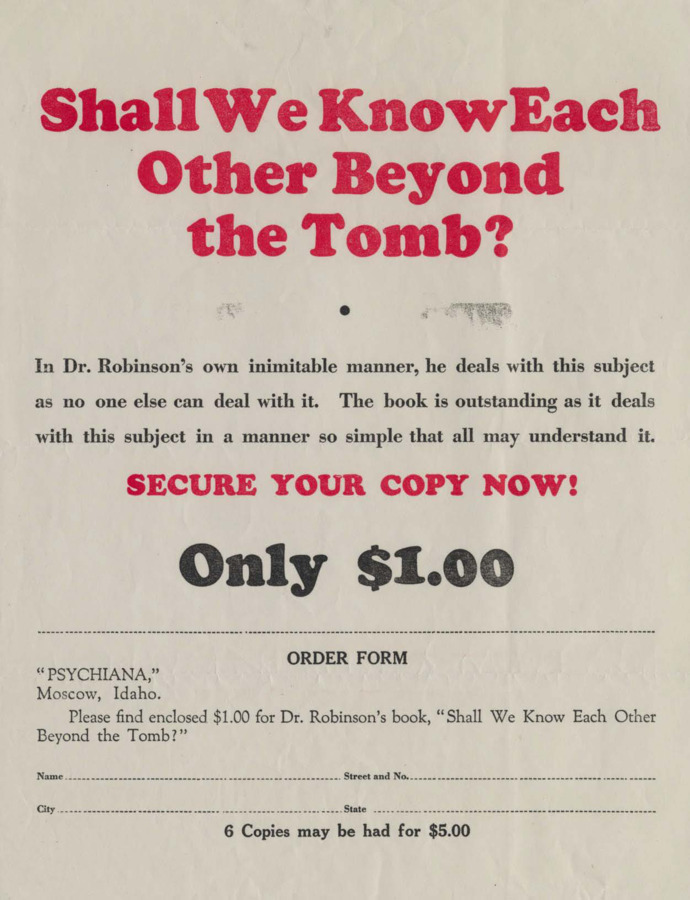 Advertisement for Robinson's book 'Shall We Know Each Other Beyond the Tomb?'  Includes order form.