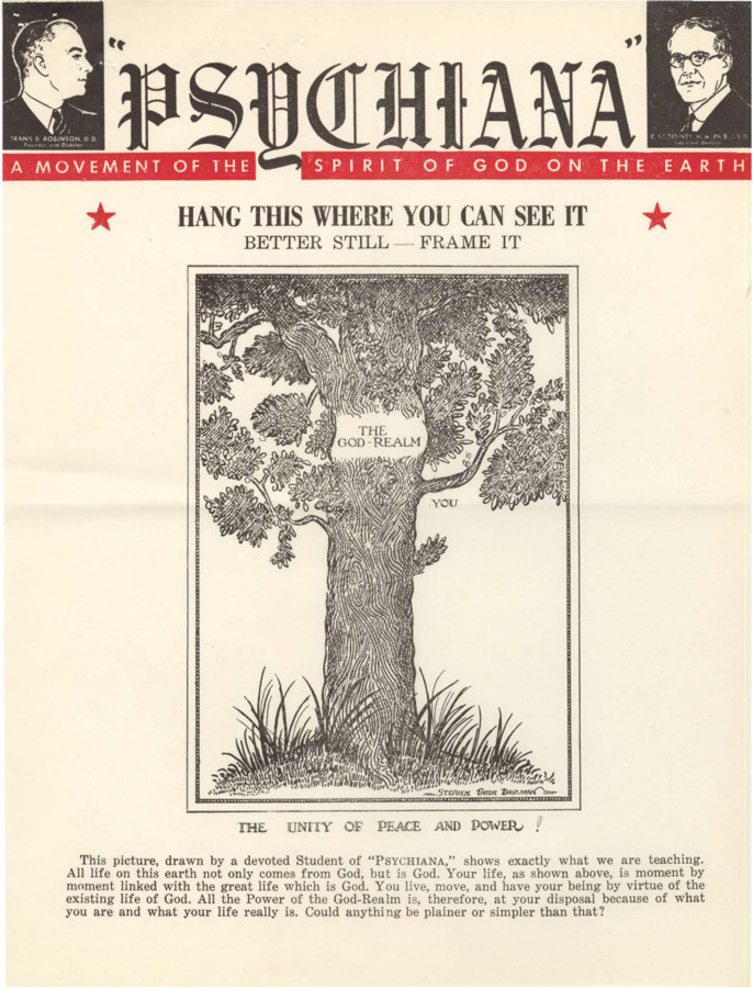 Flyer depicts a drawing of a large tree labeled 'The God-Realm' and the word 'You' beneath one of the branches. A caption reads 'The Unity and Peace of Power' and also explains that we all live linked to the great life of God and there is nothing more simple than that.