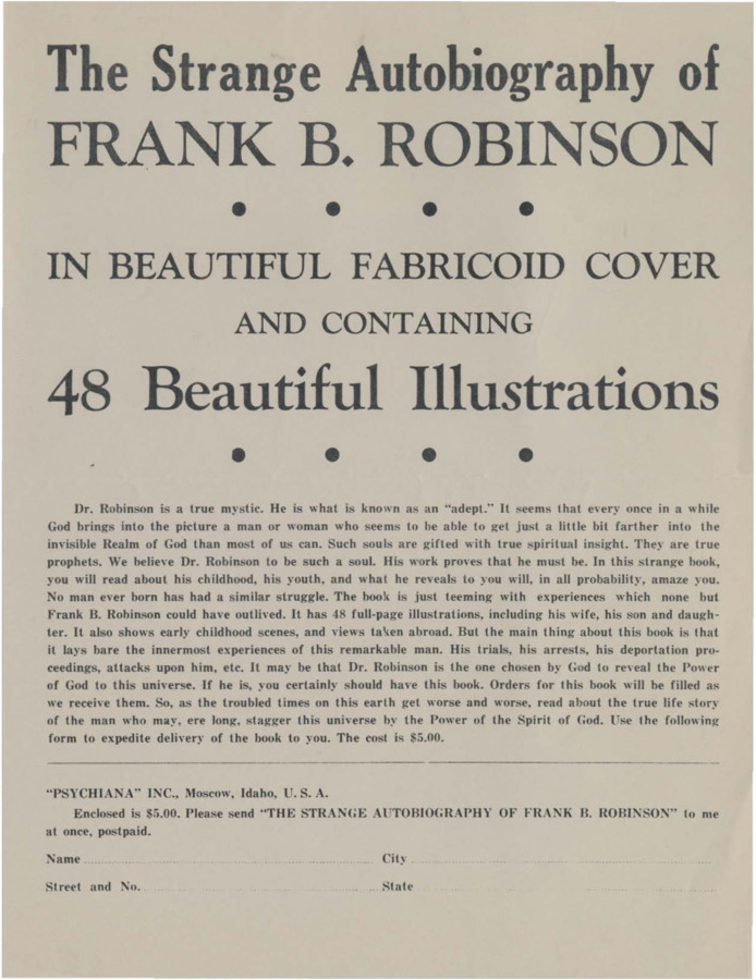 Advertisement for Robinson's book 'The Strange Autobiography of FRANK B. ROBINSON.'  Includes order form.