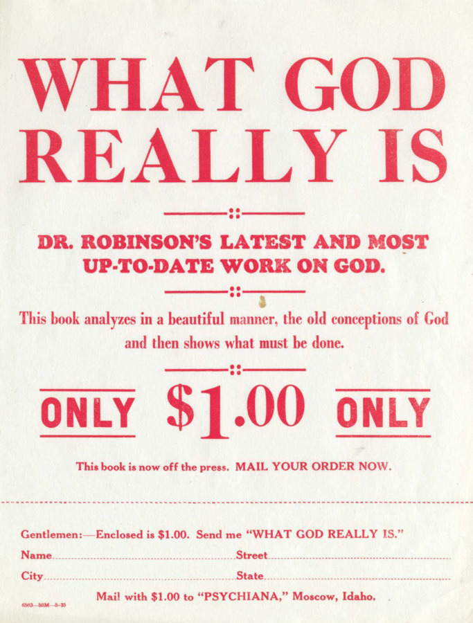 Advertisement for Robinson's book 'What God Really Is'.  Includes order form.