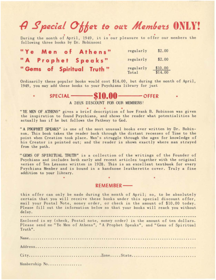 Single-page flyer with information regarding a special price on three of Robinson's books.