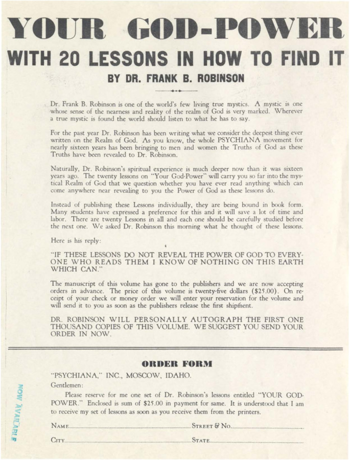 Advertisement for Robinson's collection of lessons 'Your God-Power'.  Includes order form.