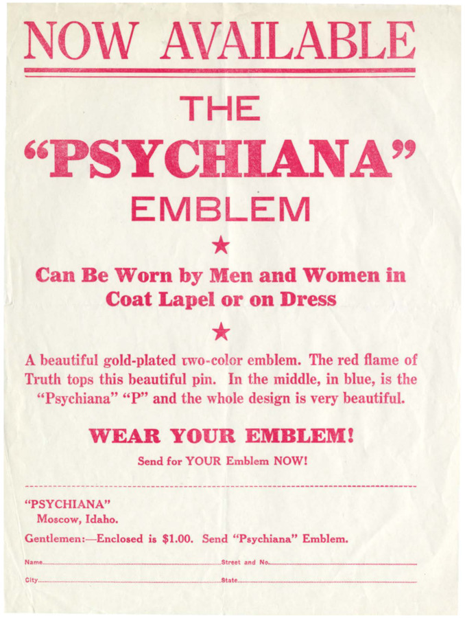 Advertisement for a Psychiana pin.  Includes order form.