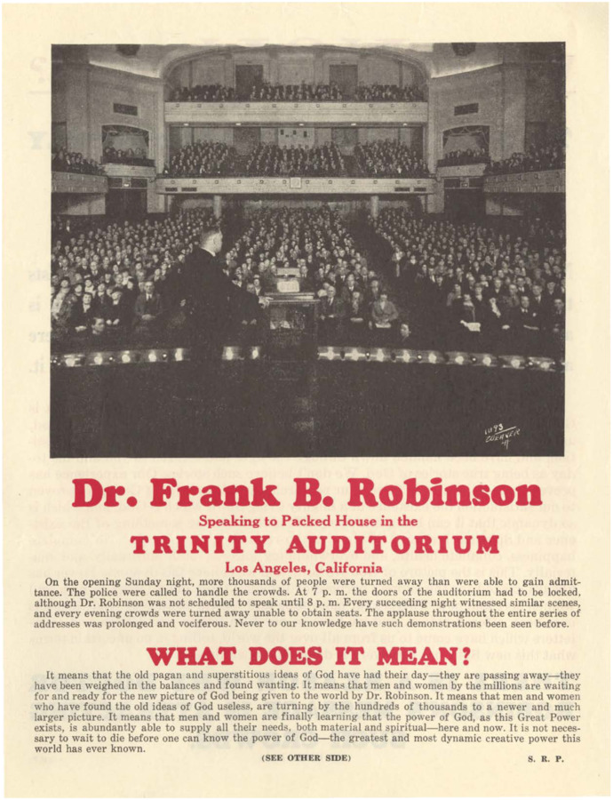 Headed with the popular photograph of Robinson speaking before a large theater audience. Text follows regarding the lecture and information on the possibilities of Psychiana fulfilling its practitioners' every need.