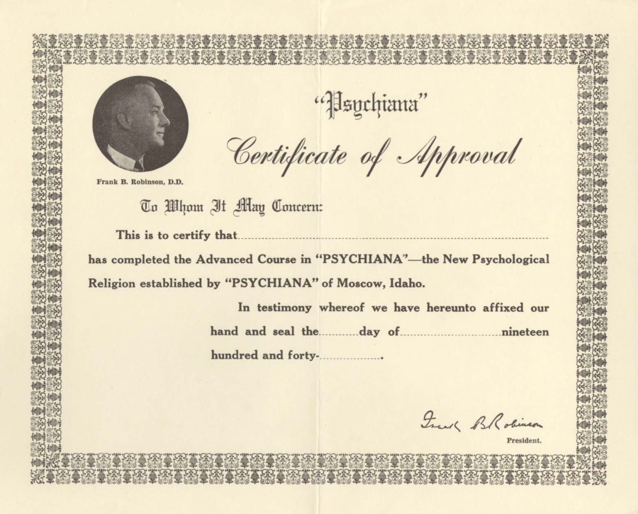 A certificate of approval for graduates of Robinson's 'Advanced Lessons.'