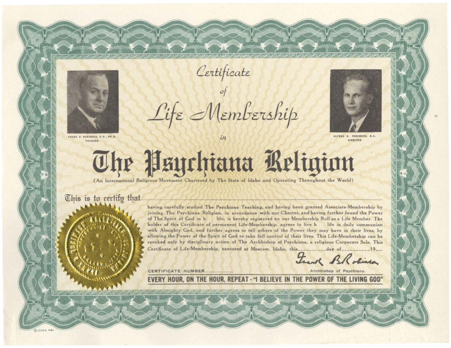 A certificate of 'life membership' in Psychiana.