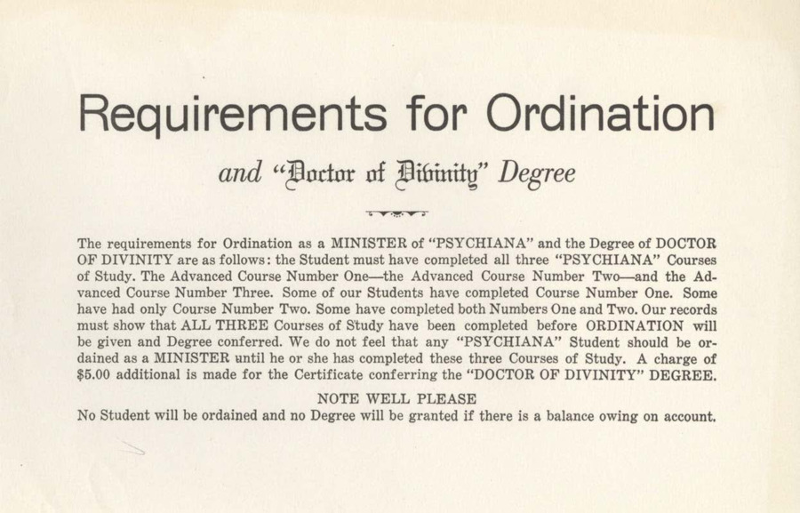 Small card noting the requirements for a student to be awarded a 'Doctor of Divinity' degree from Psychiana.
