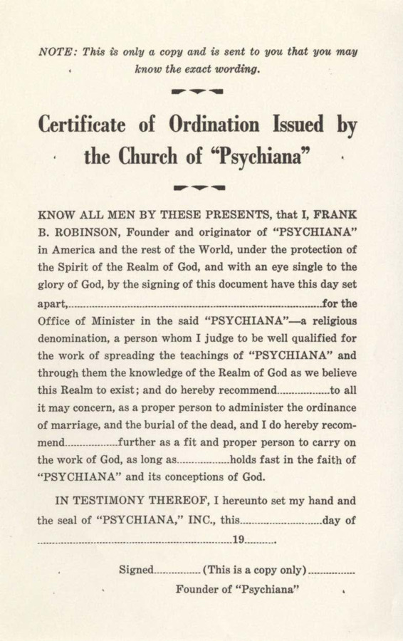 Note at the top states that 'this is only a copy and is sent to you that you may know the exact wording.' Ostensibly sent to ordained ministers so they can type up their own certificates.