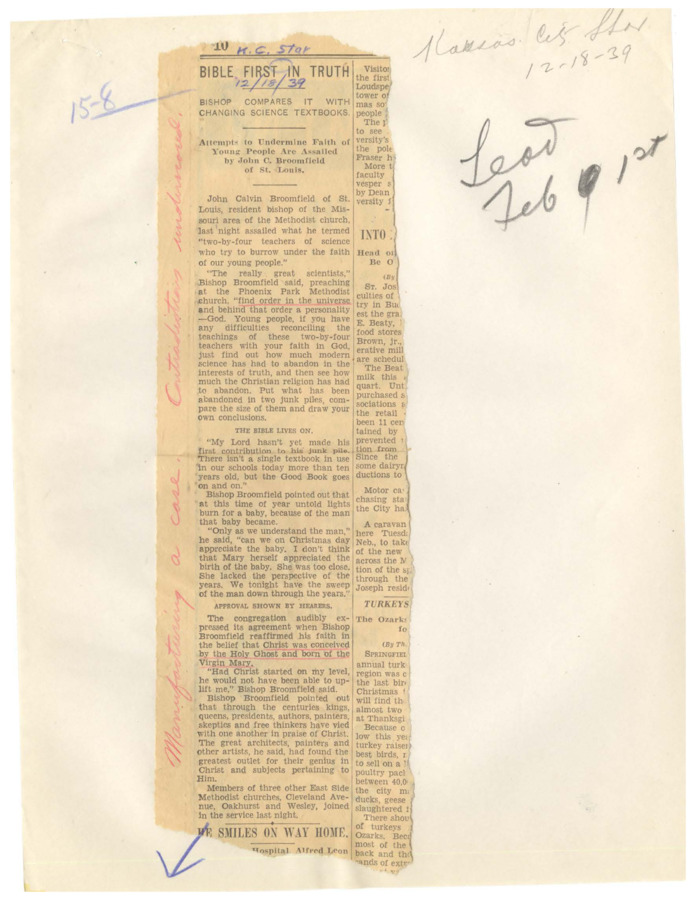 Typescript begins with an article from the Kansas City Star. Robinson follows this article with a response accusing the writer, a Methodist minister, of apologizing for his beliefs and 'poking fun at science.' Robinson asserts he would never apologize for his beliefs in Psychiana.