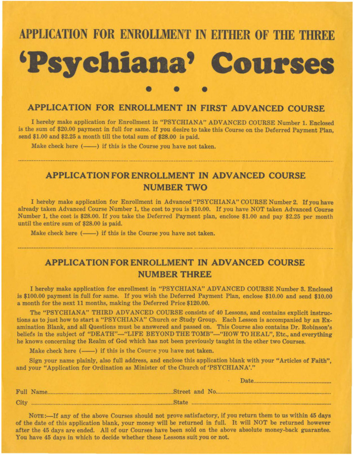 An application form for the three 'advanced courses.' Contains details on the costs of each and the contents of the courses