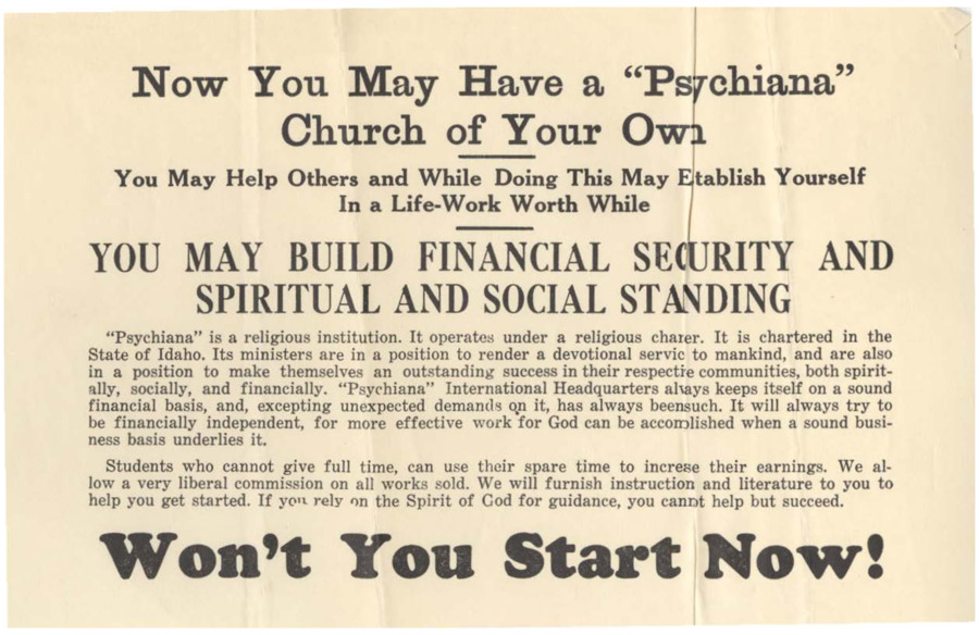 Small card advertising the possibility of becoming an ordained Psychiana minister.