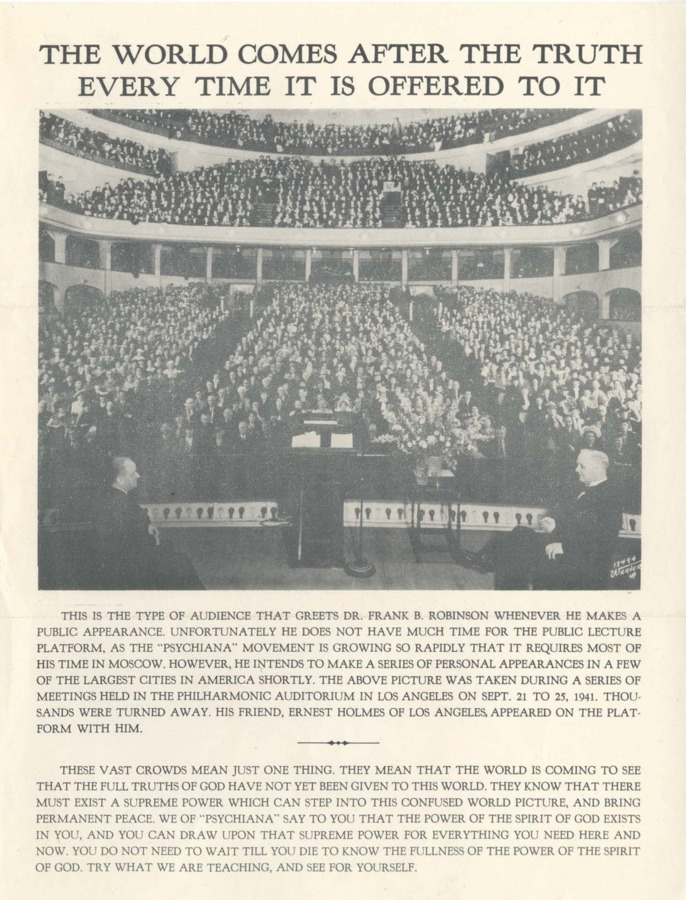 Single-page flyer featuring large photograph of audience that came to hear Robinson speak in LA.  Text follows regarding the popularity of Robinson as a speaker