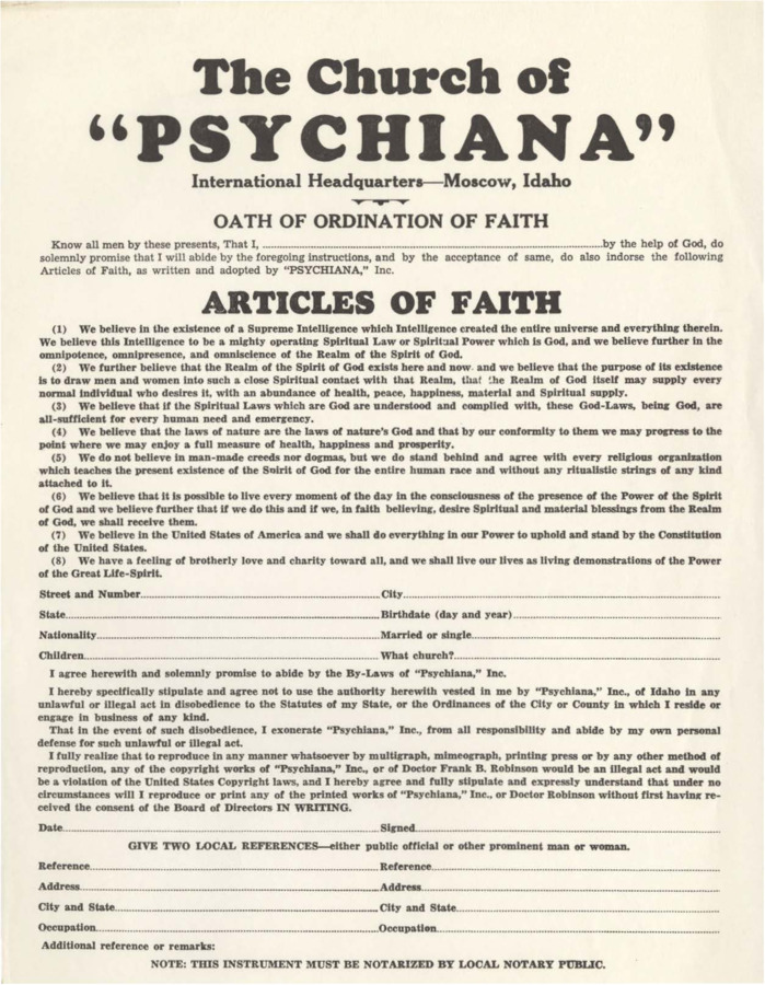 Single-page form to be completed by a prospective minister of Psychiana, to be notarized and submitted to church headquarters. Lists the articles of faith of Psychiana.