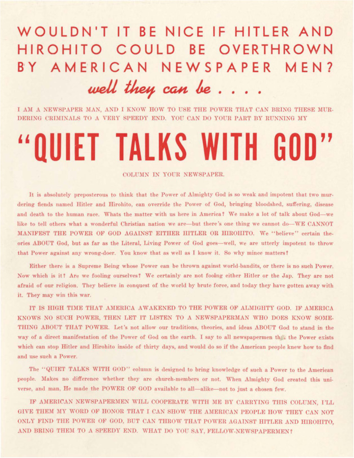 Flyer promoting the Power of God and primarily the placement of the column 'Quiet Talks With God' as a means to defeat Hitler and Hirohito.