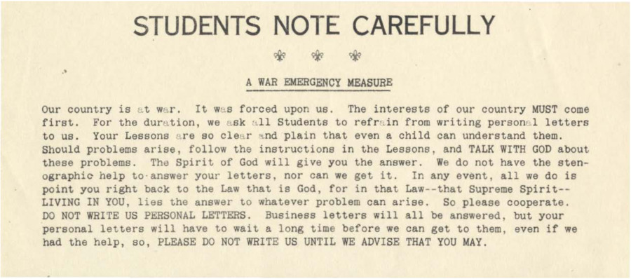 Single-page notice to students asks that they refrain from sending personal letters at this time.