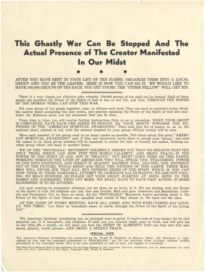 Two-page notice asks to students to form their own small group and call on the Spirit of God to end this war.  The second page is the an instruction sheet with the list of names and addresses of the members of your small group.