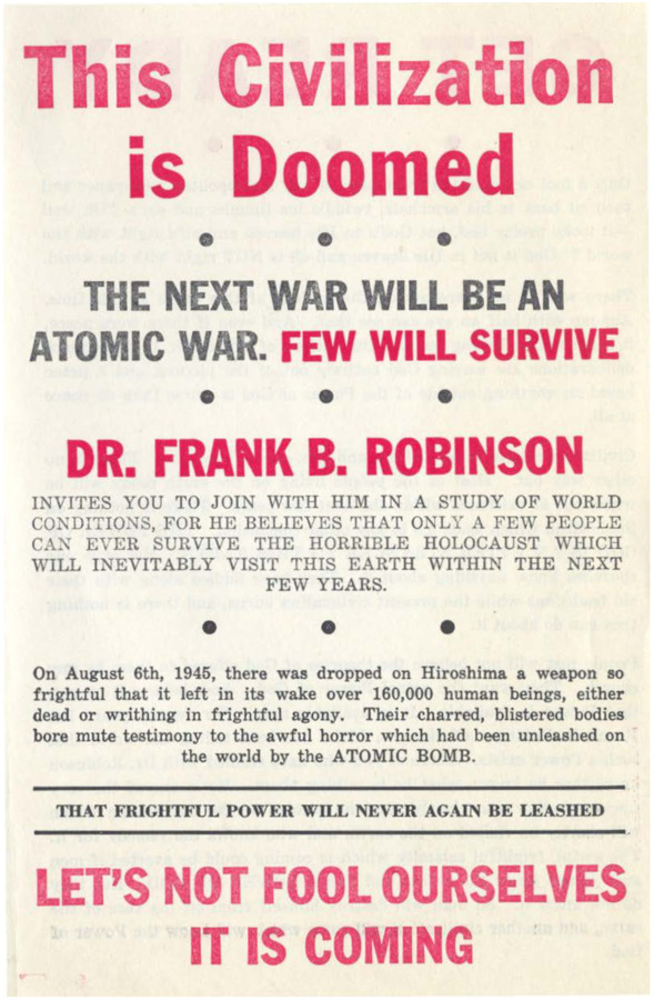 Four-page advertisement informs people of the new Psychiana lessons. New lessons, twenty-six lessons for the price of twenty, will help people deal with this new world in the face of atomic warfare.