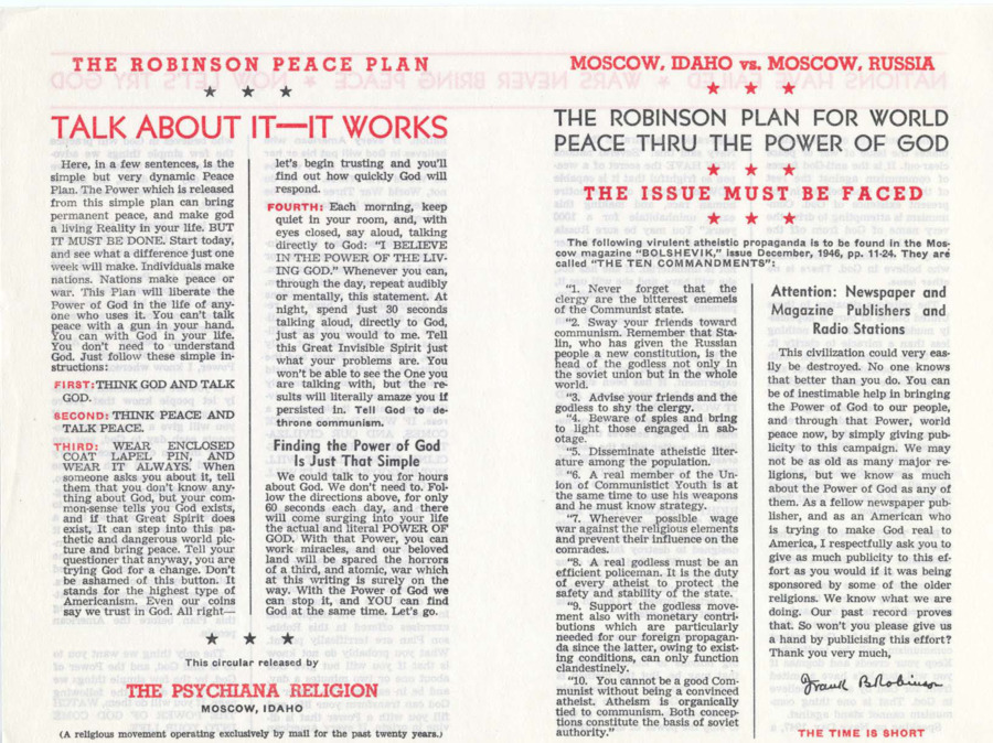 Robinson's plan for world peace explained in a four-page circular. The circular asks people to do four things daily to bring about world peace, and asks for donations.