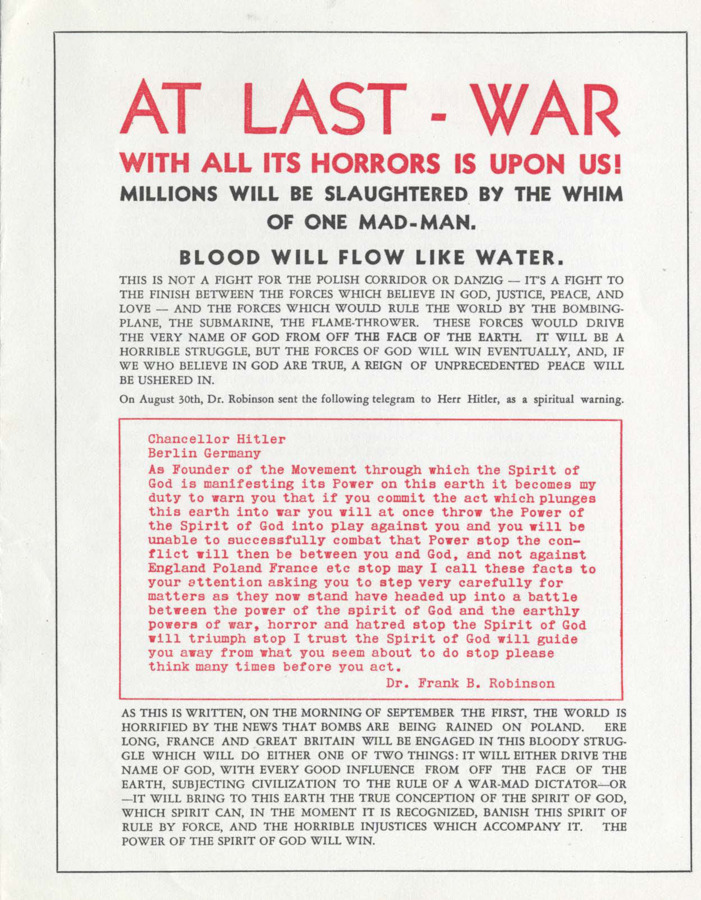 Circular asks that students and non-students send in money to finance the campaign. This campaign is to garner the money to get Dr. Frank B. Robinson's message out to as many people as possible to speak to the God-Spirit to end this war.