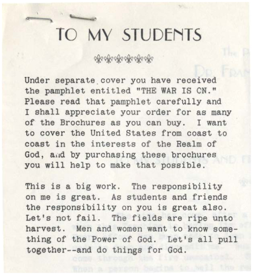 Pamphlet asks students to order a picture brochure of Frank B. Robinson to finance his coast-to-coast campaign to spread the word of Psychiana.