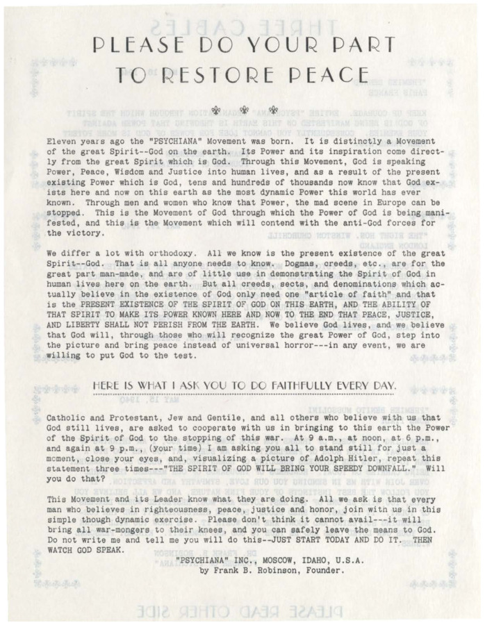 The two-page circular asks everyone to do their part to restore peace. Robinson asks that everyone to stop what they are doing at 9 am, 12 noon, 6 pm and 9 pm to call upon the power of God to bring all war-mongers to their knees.