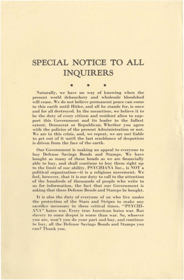Notice informs people that Psychiana, Inc. believes it is their duty to sacrifice for and support the government, especially financially, during the war, but emphasizes that Psychiana hates war and is not a political organization.