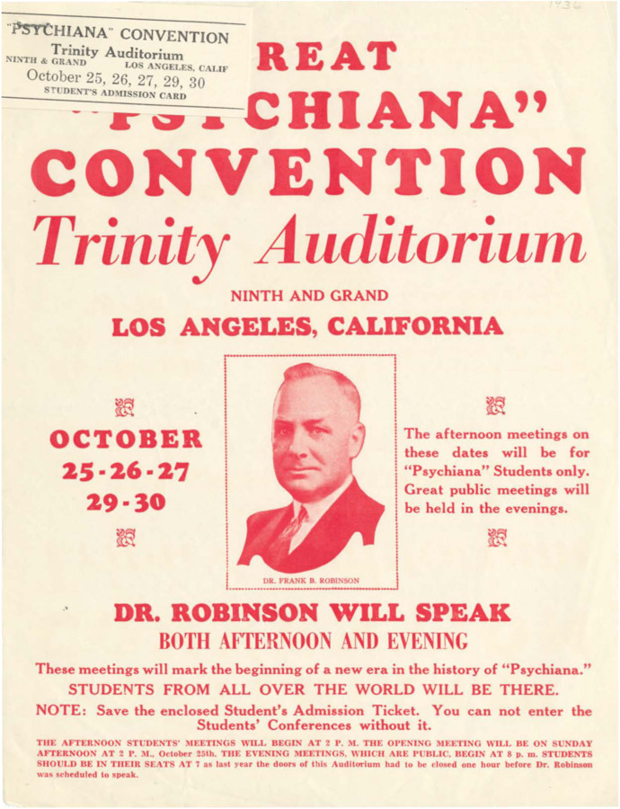 Flyer with attached ticket for speeches by Robinson at a Psychiana convention in California.