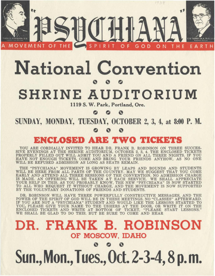 Flyer advertising speeches by Robinson at the Psychiana National Convention in Portland, OR.
