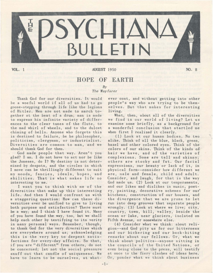 Bulletin includes a primary article discussing the nature of diversity and celebrating variety and diversity in life, citing examples like the human body. Another article discusses material supply and abundance. Also includes stories written for children, letters from students, Q and A, and other articles.