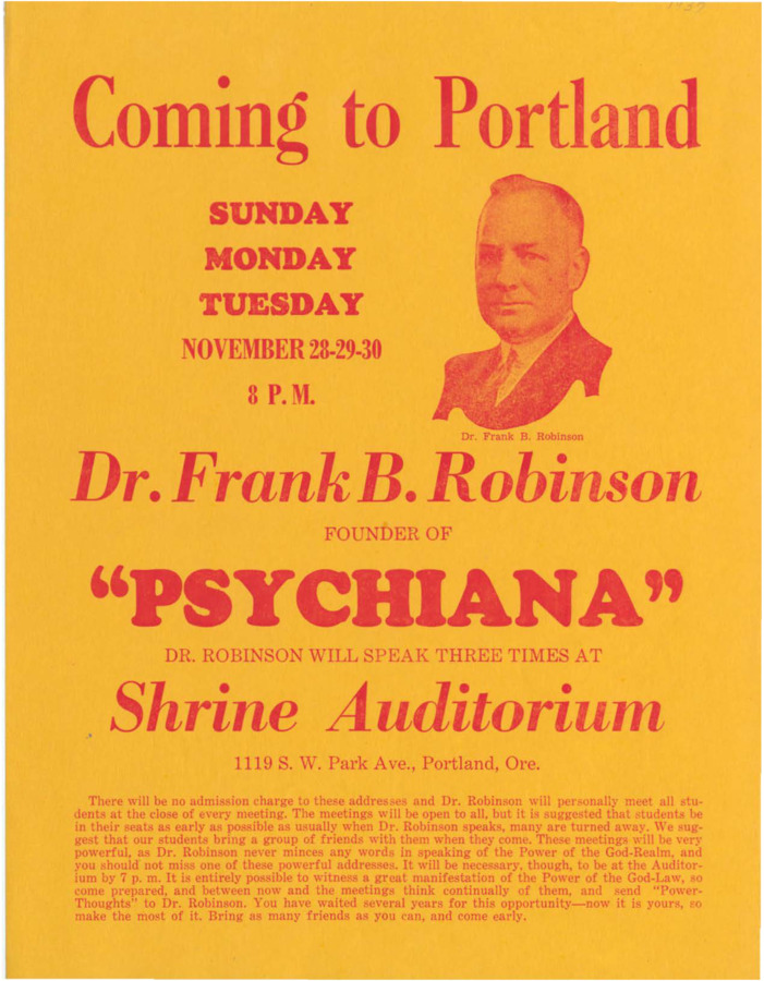 Alternative flyer advertising speeches by Robinson at the Psychiana National Convention in Portland, OR. Includes a portion of text describing the event, including speech, meet-and-greet, etc.