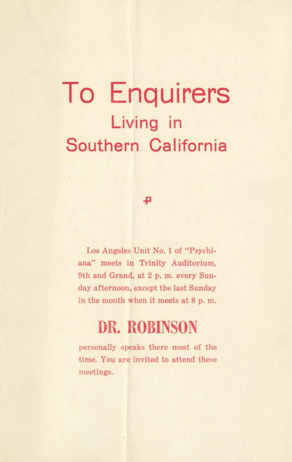 Card addressed to those interested in Psychiana living in southern California with information on Robinson's speech dates.