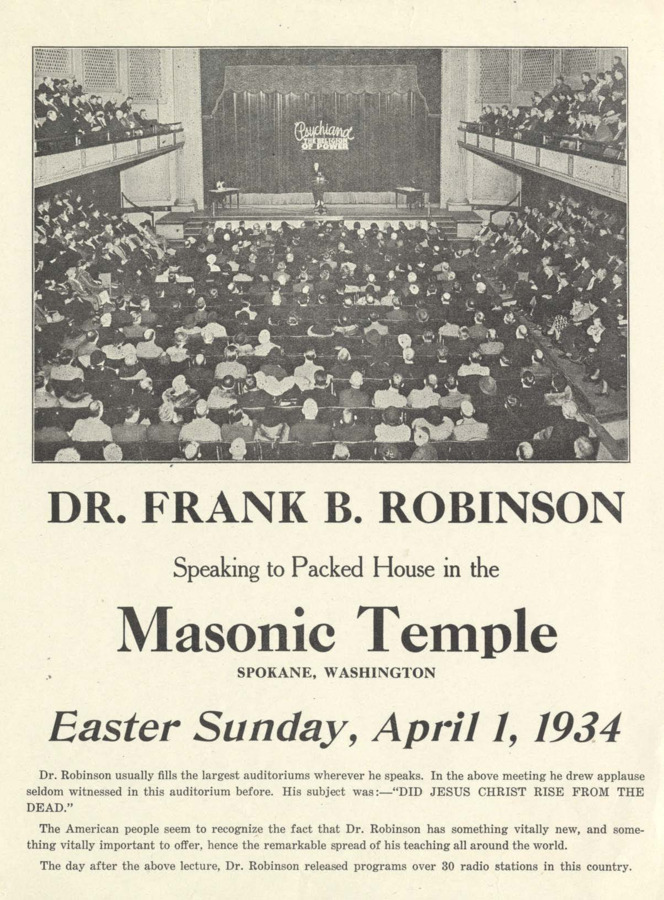 Flyer with large photograph of Robinson giving a speech to a full auditorium. Text follows regarding Robinson 'usually' filling the 'largest auditoriums whenever he speaks' and his waxing popularity.